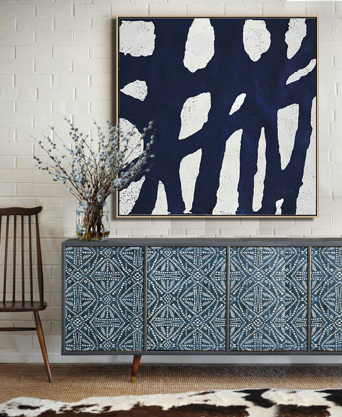 Handmade Painting Large Abstract Art,Hand-Painted Oversized Minimalist Navy Blue And White Painting,Abstract Oil Painting